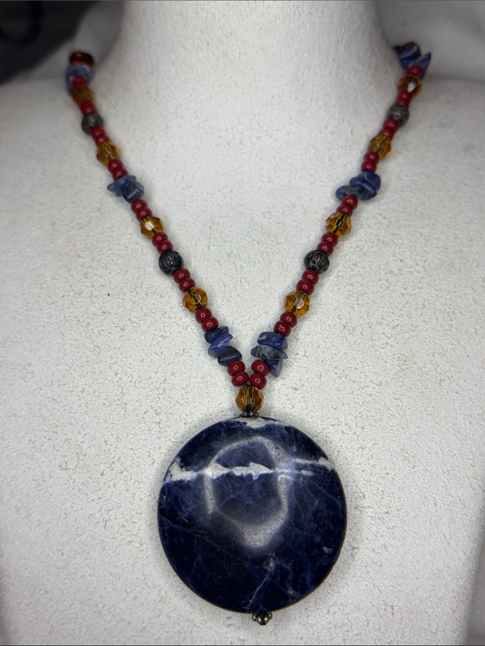 Bold Blue Sodalite Pendant Necklace with Red and Amber Beads